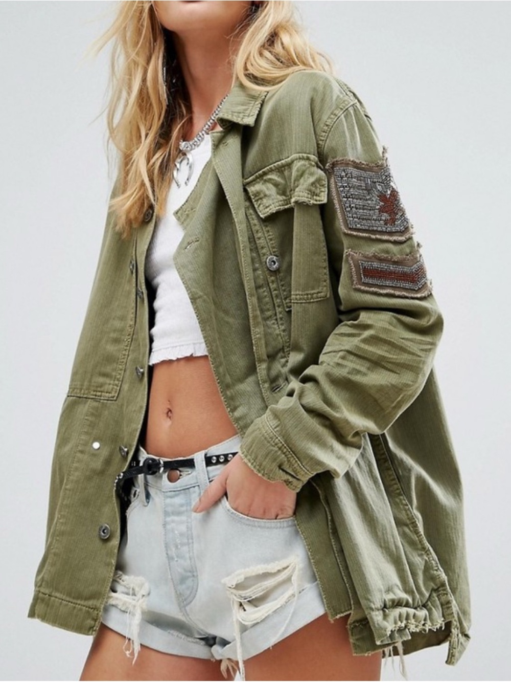 Free People Embellished Military Shirt Jacket Size Large NWT RT $168 Black